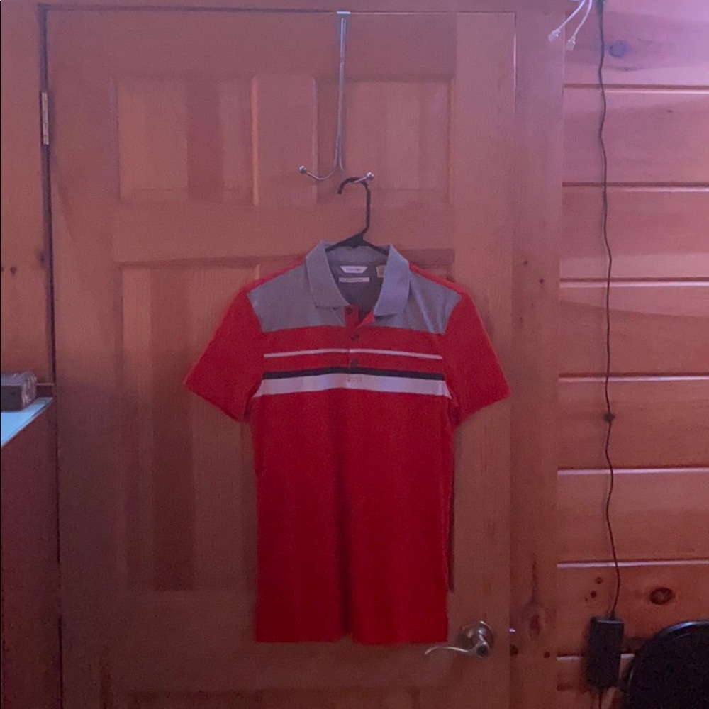 Red Calvin Klein Collared Short Sleeve Shirt
